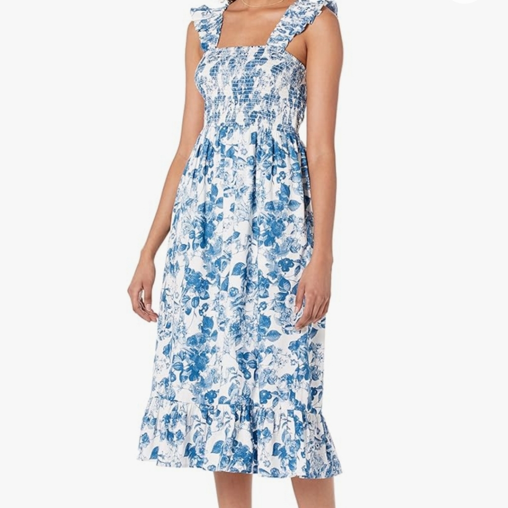 The Drop Blue & White Floral Kimi Ruffled-Shoulder Smocked Midi Dress